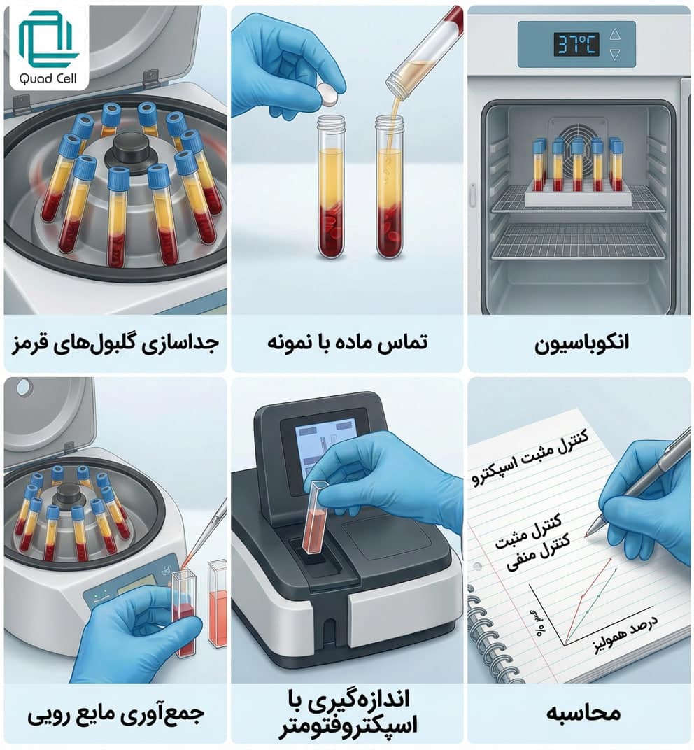 مراحل انجام آزمون همولیز شامل جداسازی گلبول‌های قرمز، تماس نمونه با خون، انکوباسیون، جمع‌آوری سوپرناتانت و اندازه‌گیری هموگلوبین طبق استاندارد ISO 10993-4